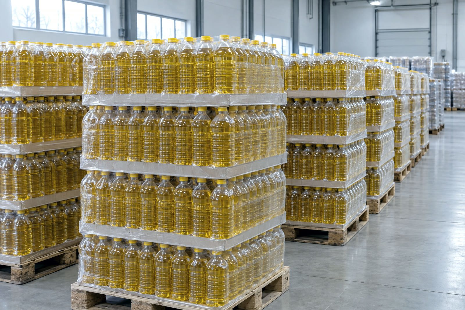 AI-generated image of unlabelled bottles of cooking oil in shrink-wrapped trays stacked on pallets in a warehouse