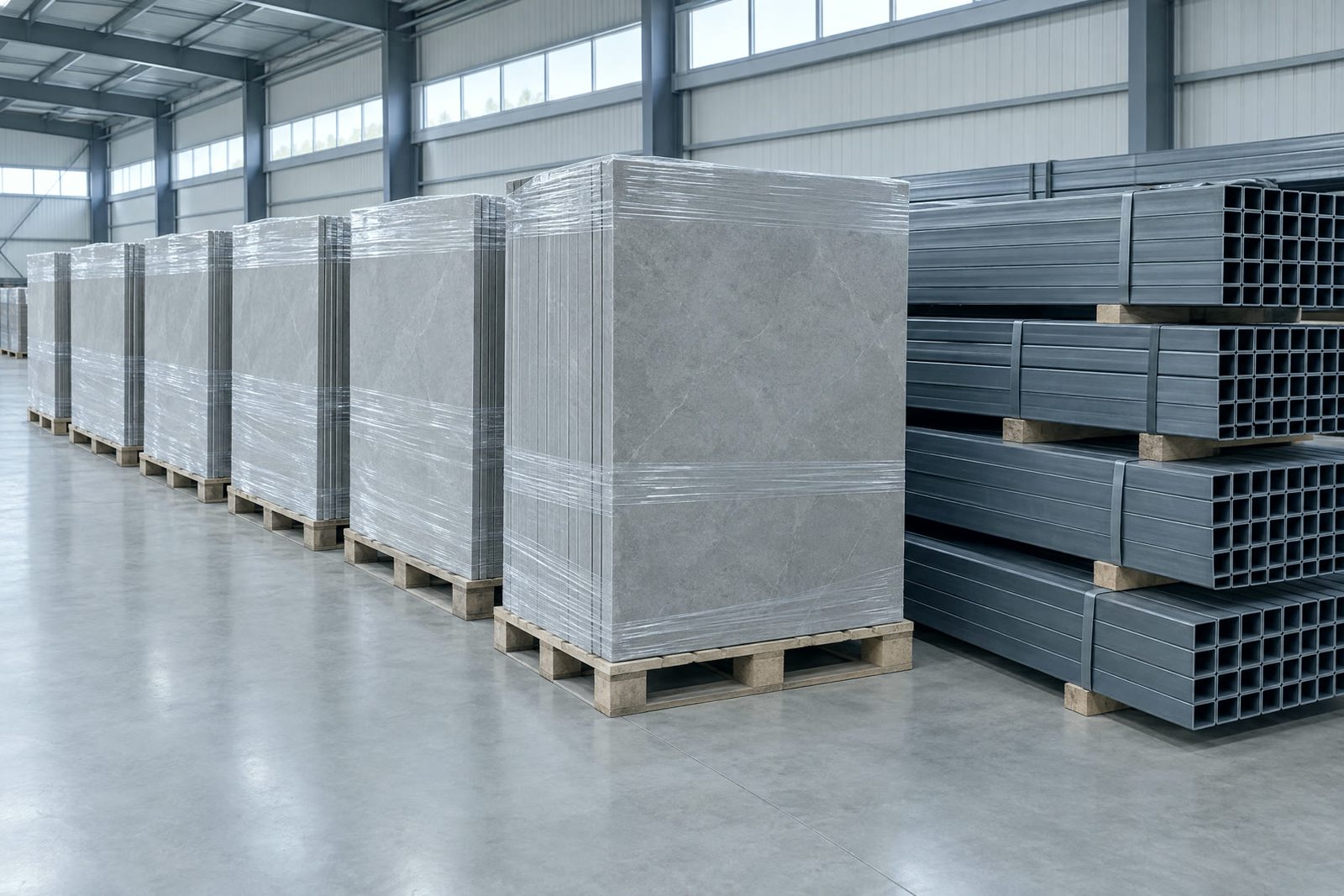 AI-generated image of shrink-wrapped stacks of porcelain tiles beside bundled steel hollow sections in a warehouse