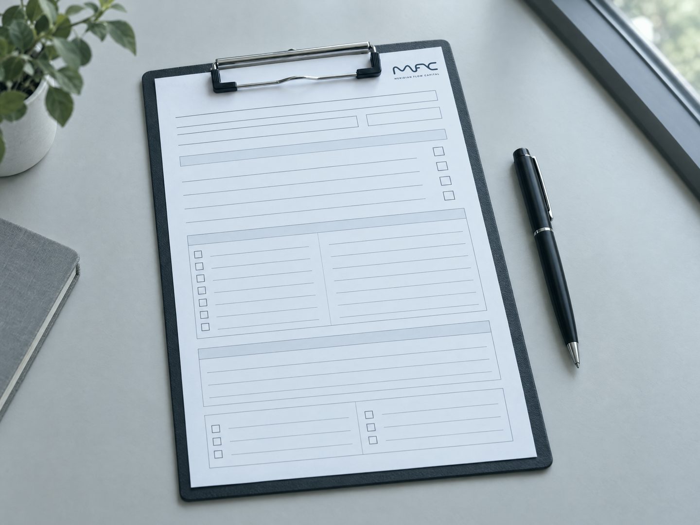 AI-generated image of a brief form on a clipboard with the Meridian Flow Capital logo printed at its top, beside a pen