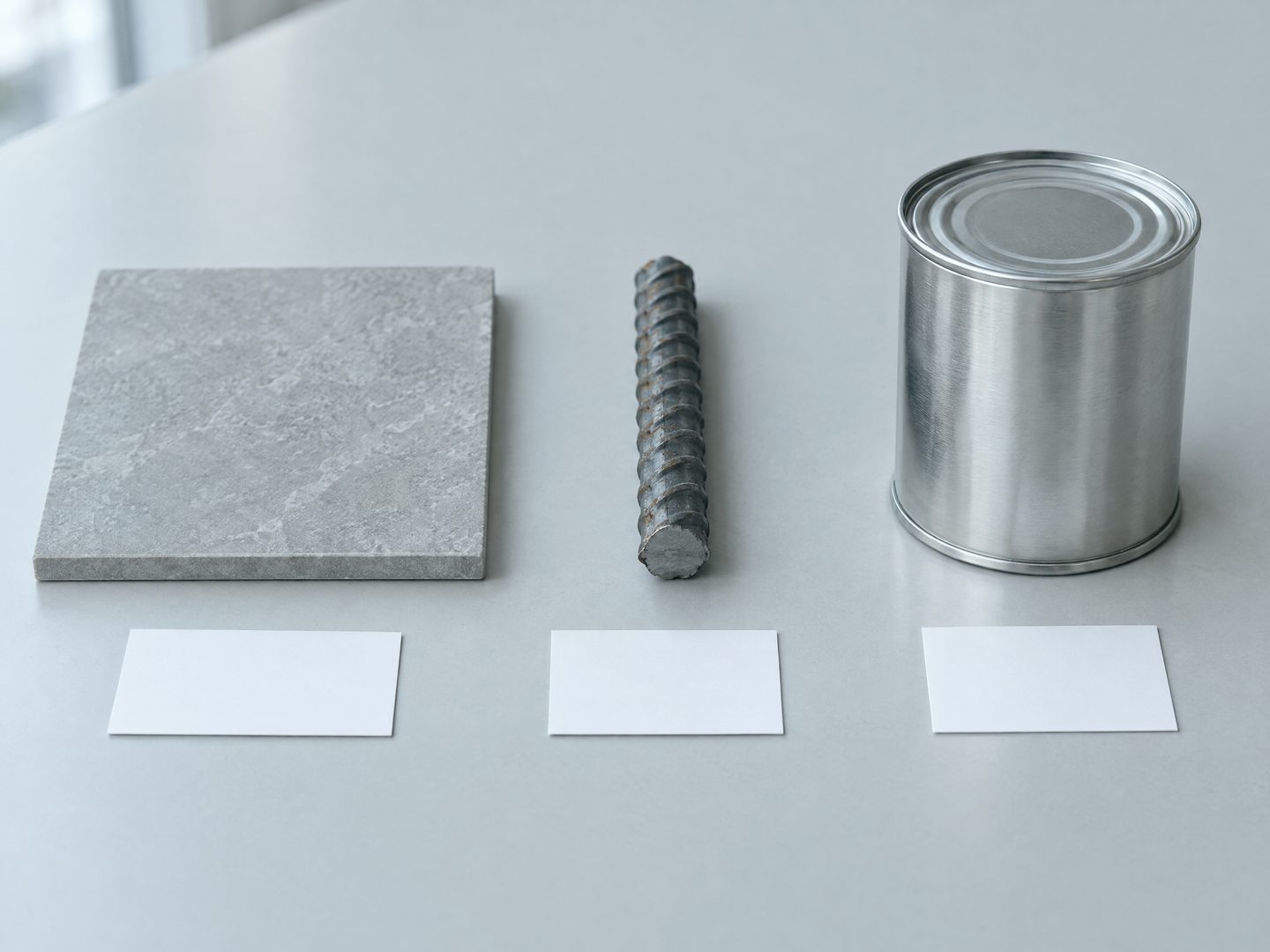 AI-generated image of a tile sample, a length of reinforcing bar and a plain can laid out beside blank specification cards