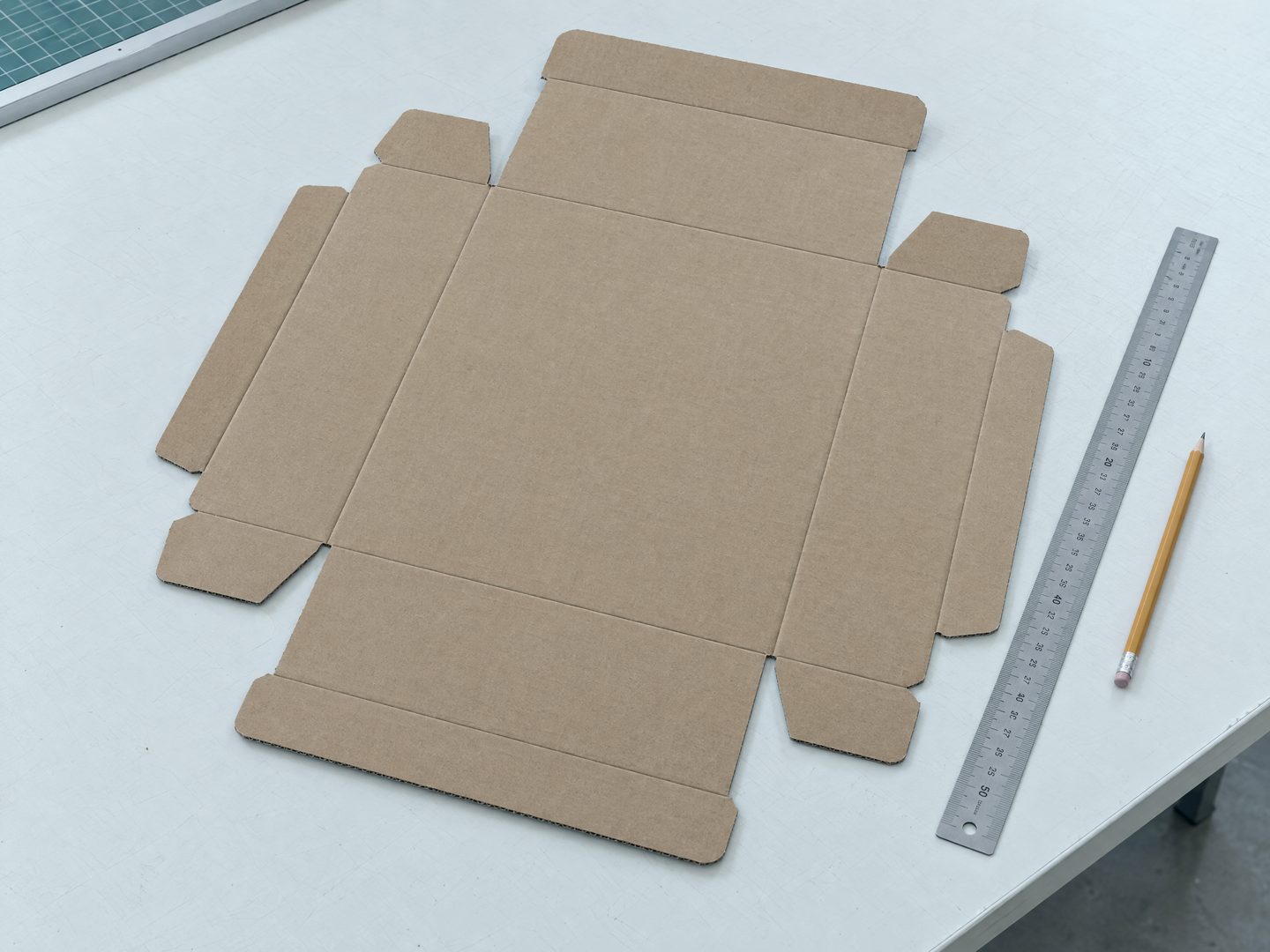 AI-generated image of an unfolded carton blank on a cutting table with a steel ruler and pencil