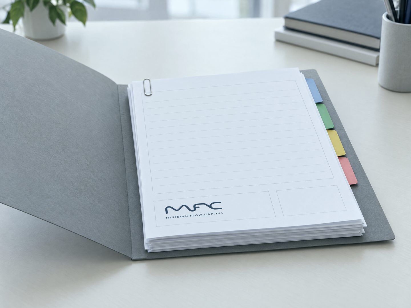 AI-generated image of a stack of documents in a folder with index tabs, the Meridian Flow Capital logo printed in the title block of the top sheet