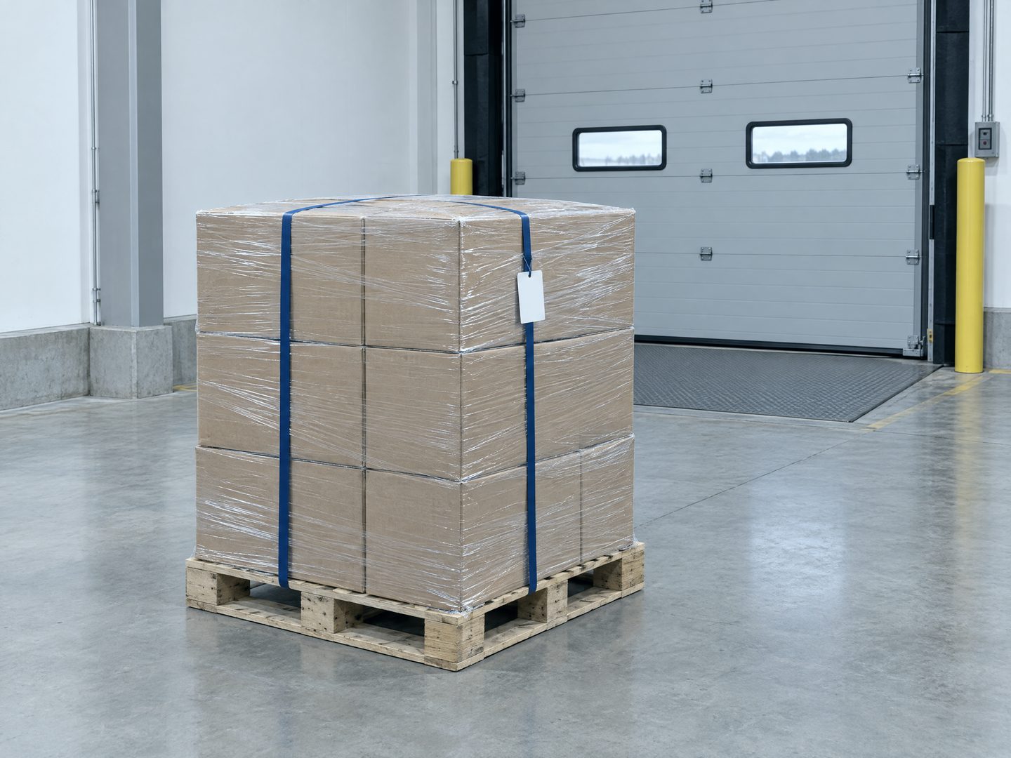 AI-generated image of a strapped, film-wrapped pallet of plain cartons with a blank tag in a loading bay